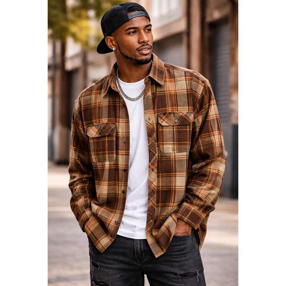 Red Ape Plaid Flannel Shirt Mens 2XL Brown Orange Button Up Streetwear